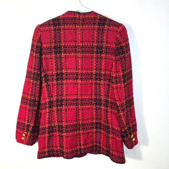 Vintage Leslie Fay Blazer Women's 8 Red Plaid Boucle Gold Button Classic Festive - Picture 2 of 11